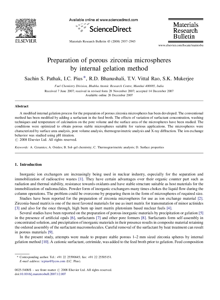 Preparation of porous zirconia microspheres by internal gelation method