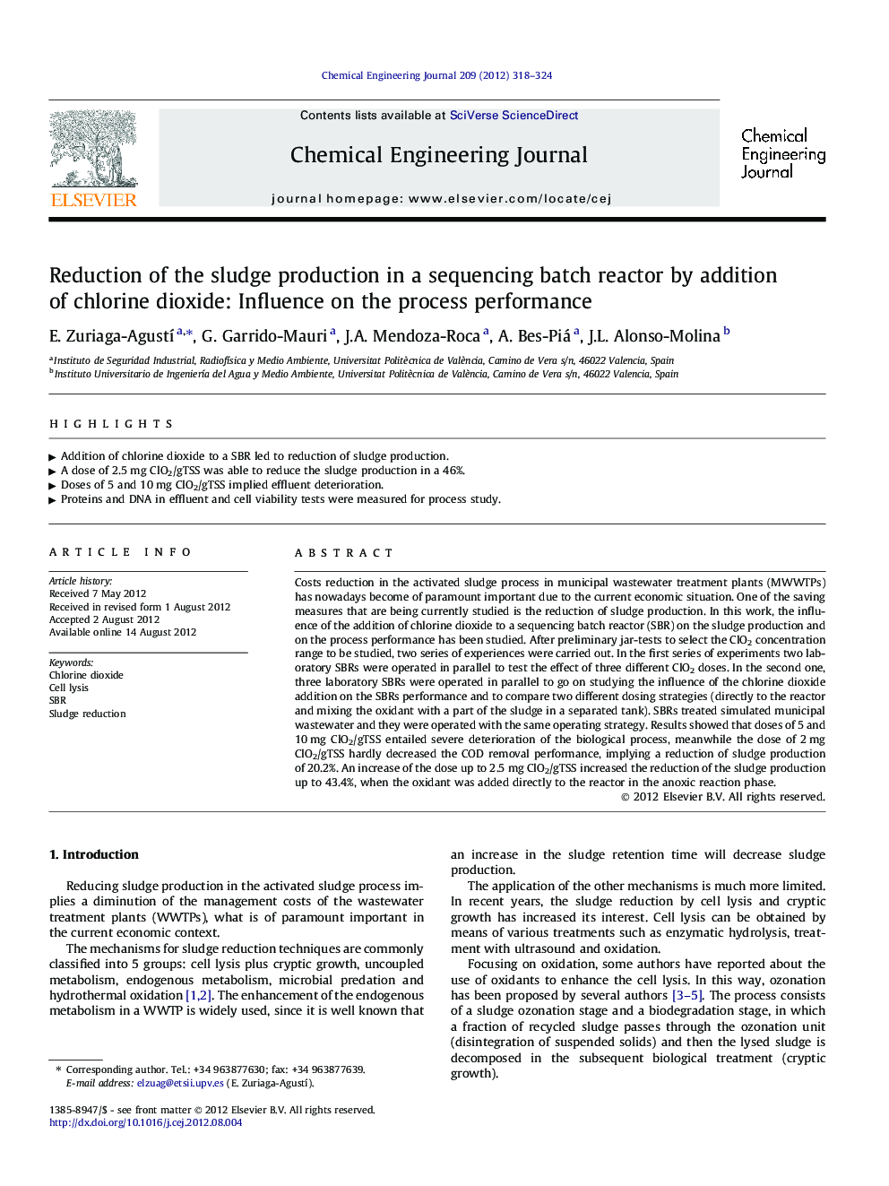 Reduction of the sludge production in a sequencing batch reactor by addition of chlorine dioxide: Influence on the process performance