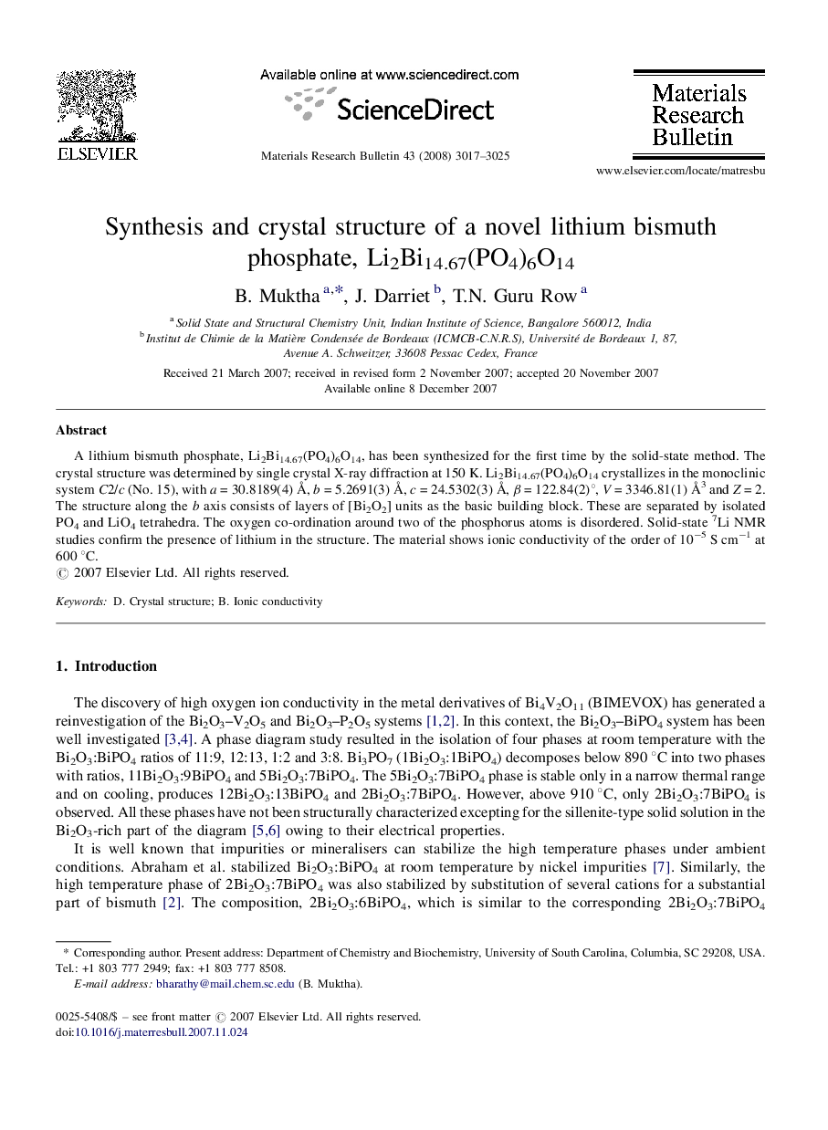 Synthesis and crystal structure of a novel lithium bismuth phosphate, Li2Bi14.67(PO4)6O14