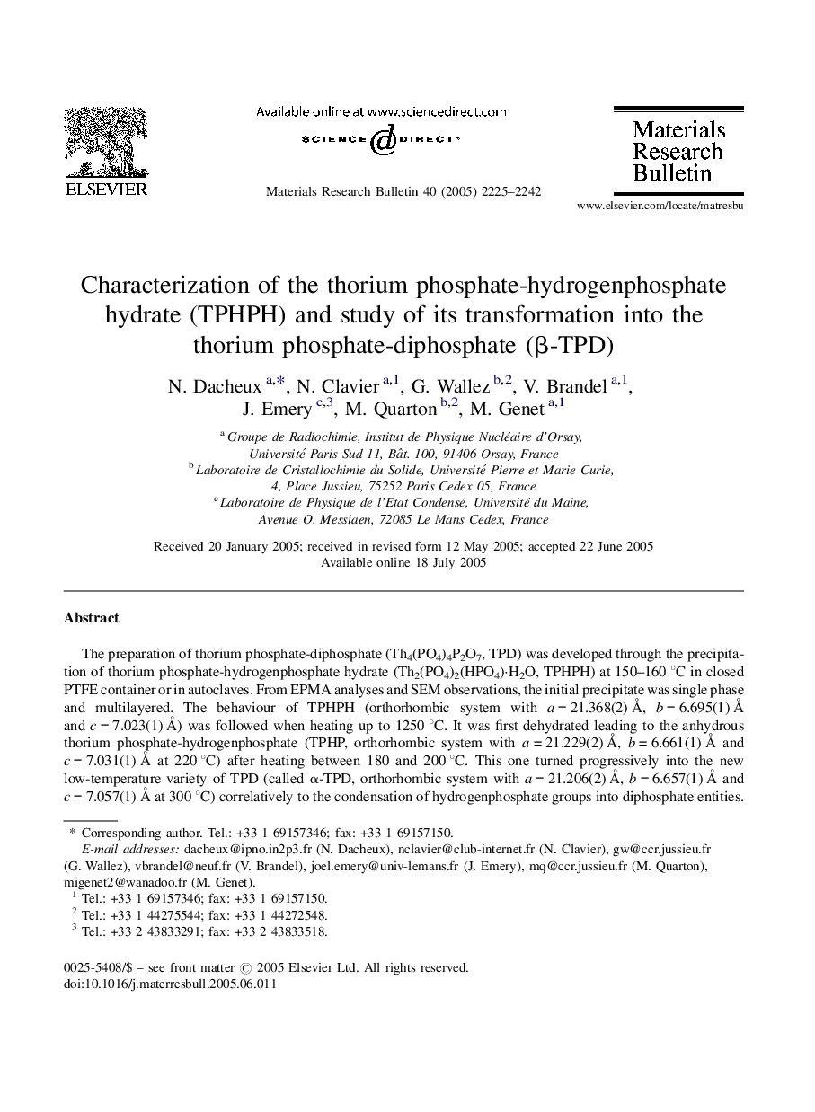 Characterization of the thorium phosphate-hydrogenphosphate hydrate (TPHPH) and study of its transformation into the thorium phosphate-diphosphate (β-TPD)