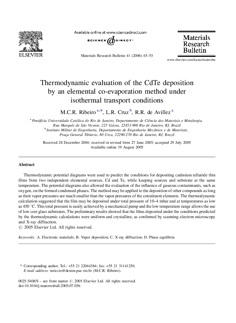 Thermodynamic evaluation of the CdTe deposition by an elemental co-evaporation method under isothermal transport conditions