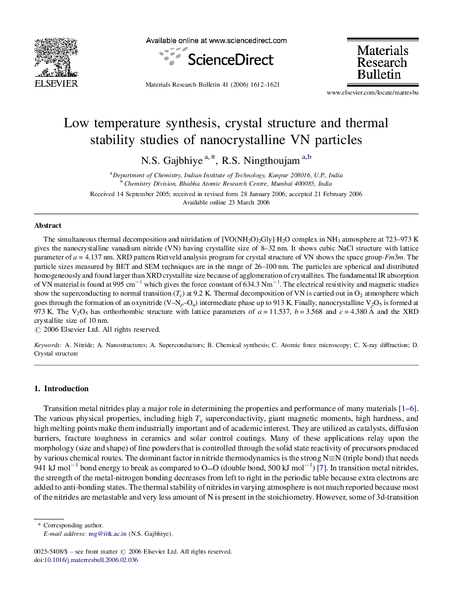 Low temperature synthesis, crystal structure and thermal stability studies of nanocrystalline VN particles