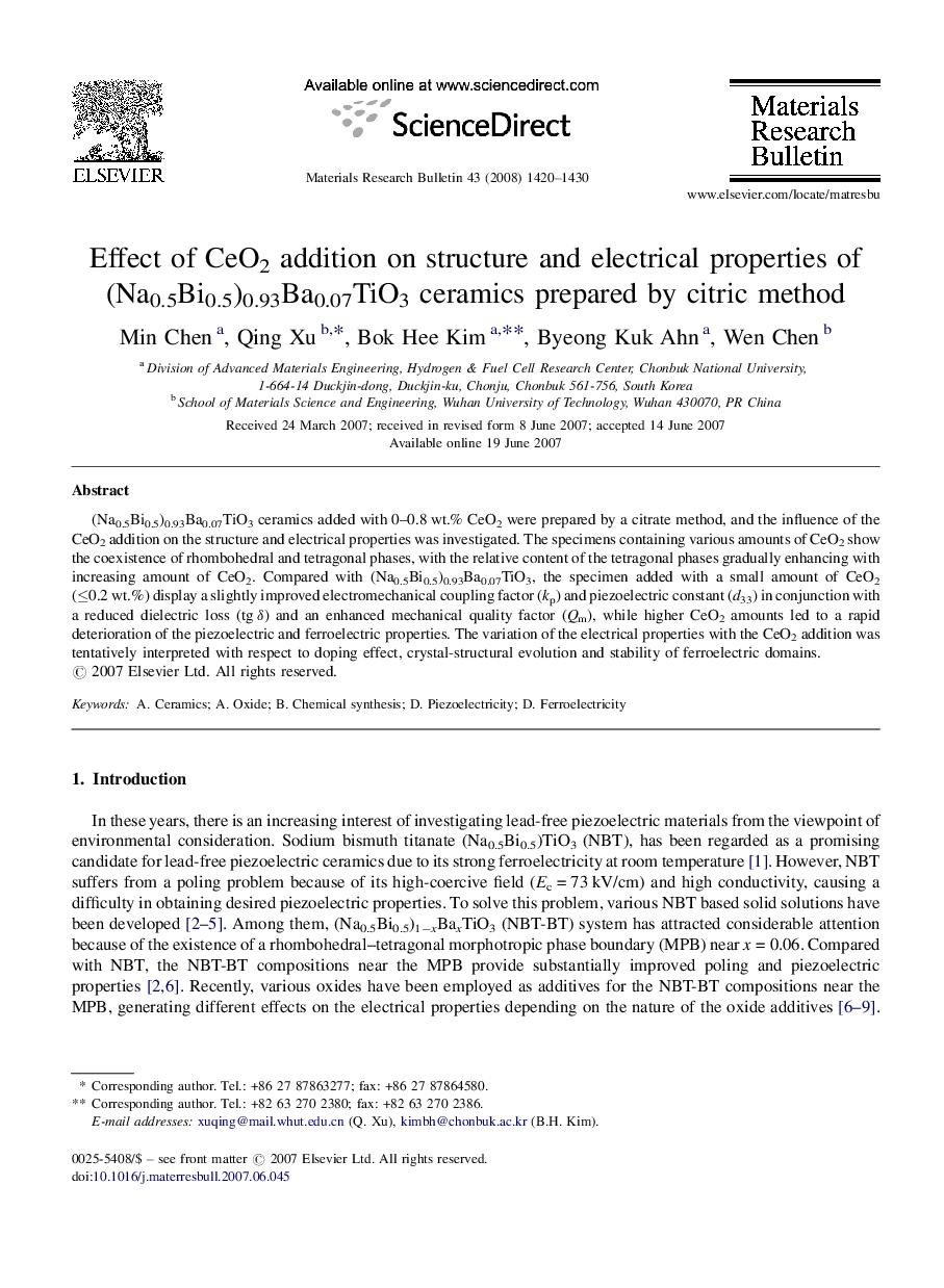 Effect of CeO2 addition on structure and electrical properties of (Na0.5Bi0.5)0.93Ba0.07TiO3 ceramics prepared by citric method