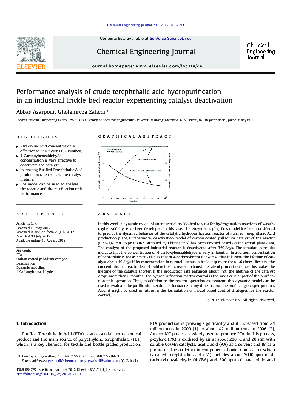 Performance analysis of crude terephthalic acid hydropurification in an industrial trickle-bed reactor experiencing catalyst deactivation