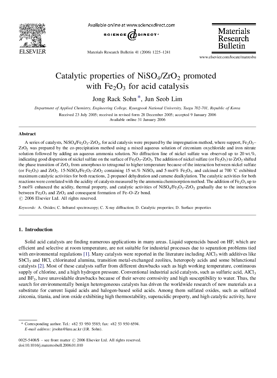 Catalytic properties of NiSO4/ZrO2 promoted with Fe2O3 for acid catalysis