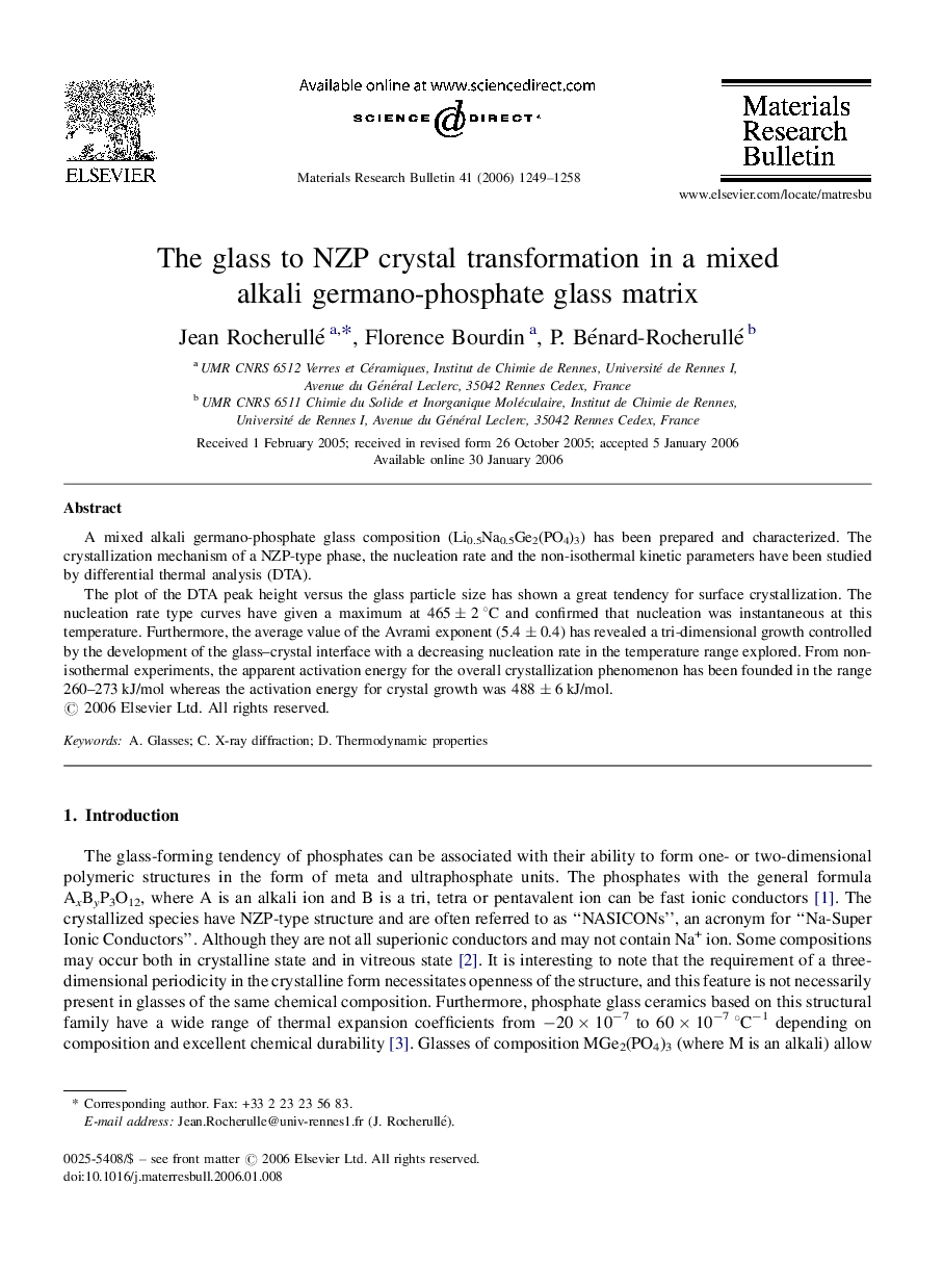 The glass to NZP crystal transformation in a mixed alkali germano-phosphate glass matrix