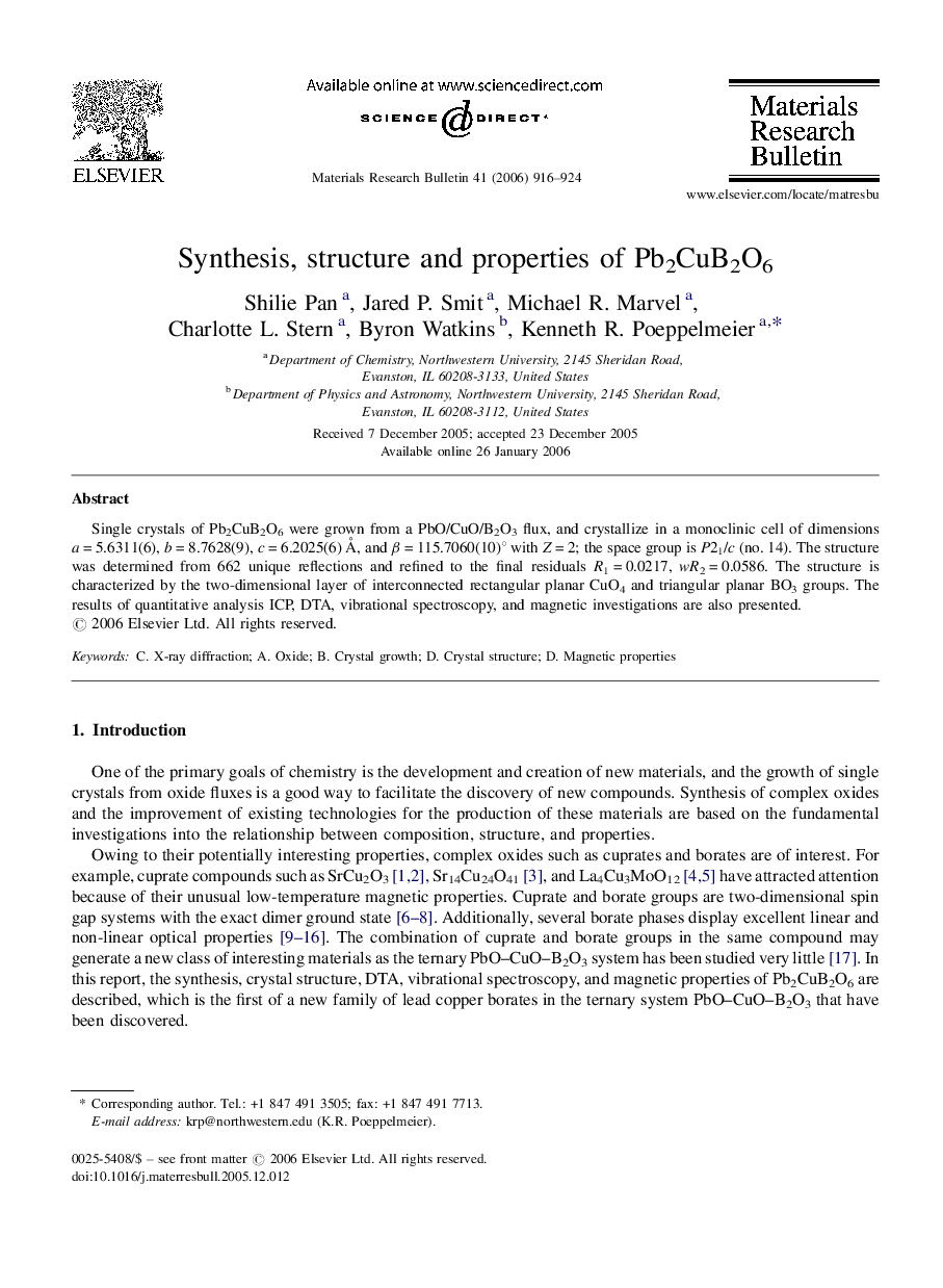 Synthesis, structure and properties of Pb2CuB2O6