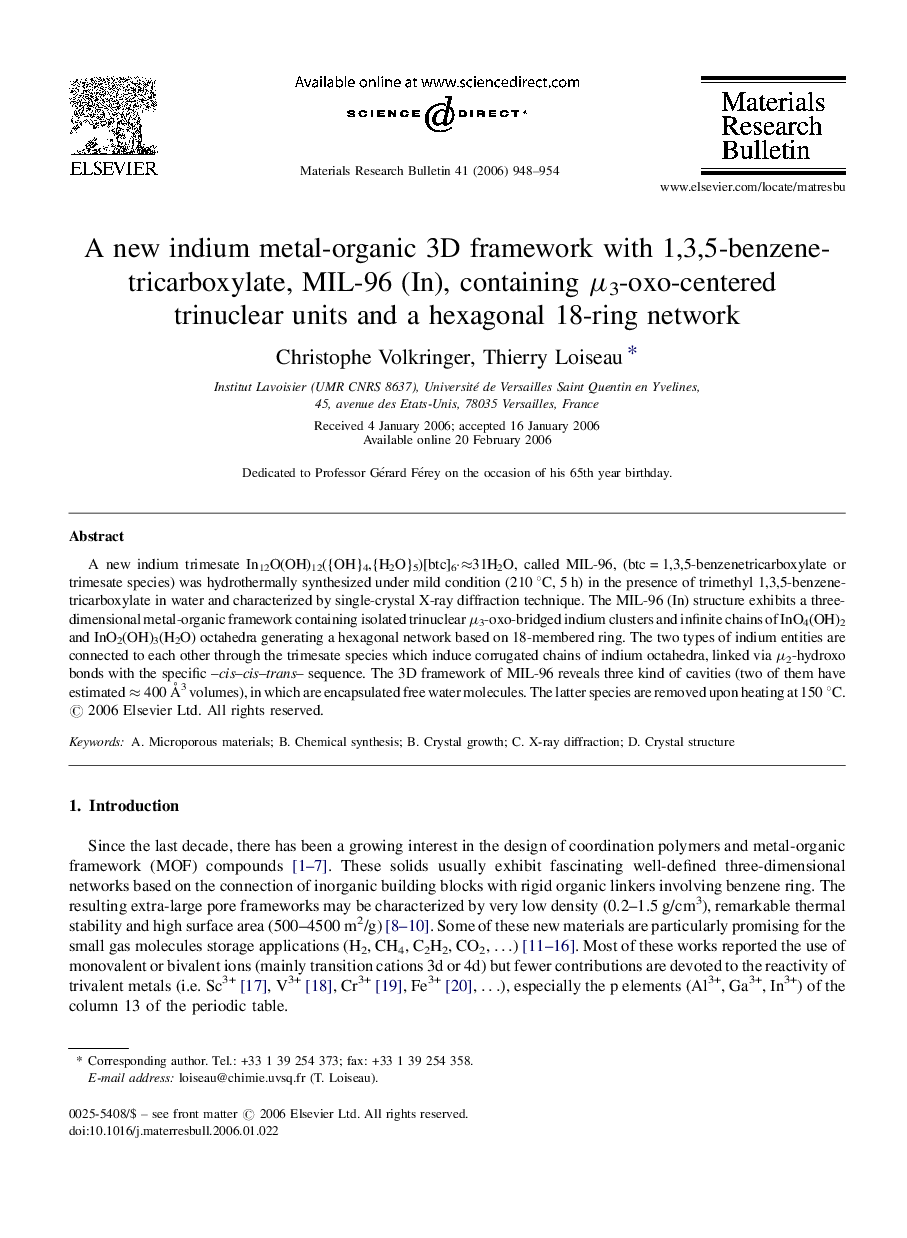 A new indium metal-organic 3D framework with 1,3,5-benzenetricarboxylate, MIL-96 (In), containing μ3-oxo-centered trinuclear units and a hexagonal 18-ring network