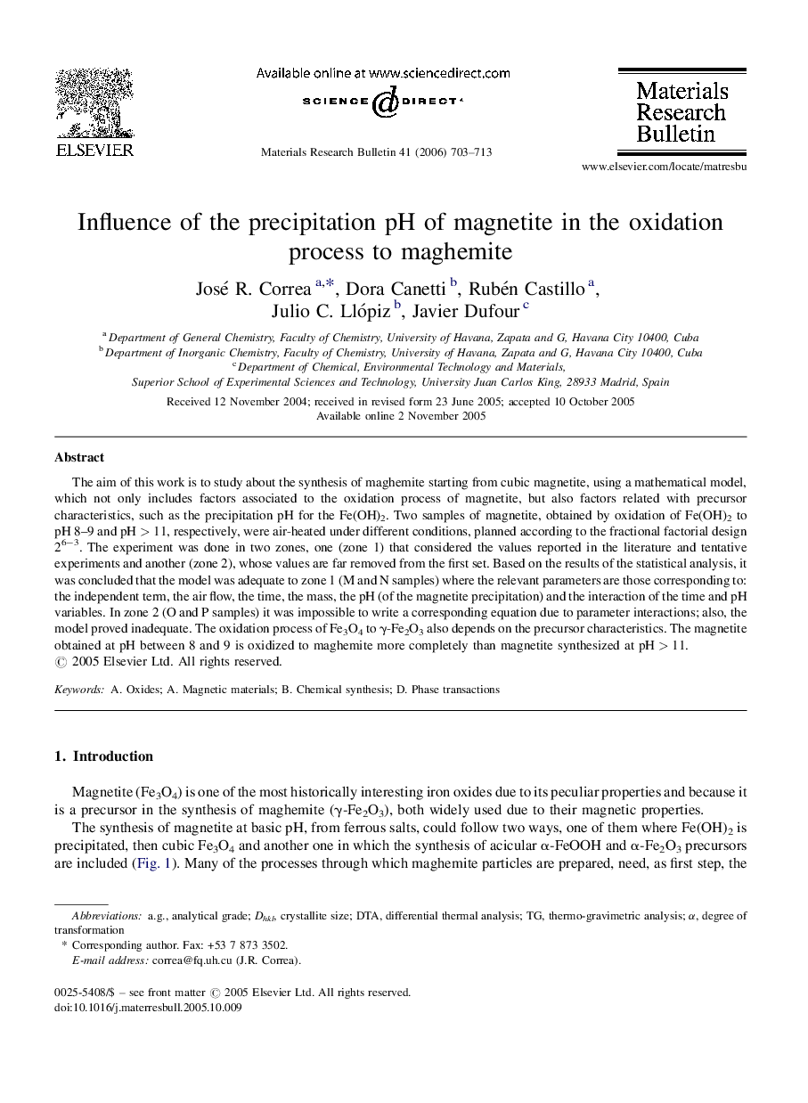 Influence of the precipitation pH of magnetite in the oxidation process to maghemite