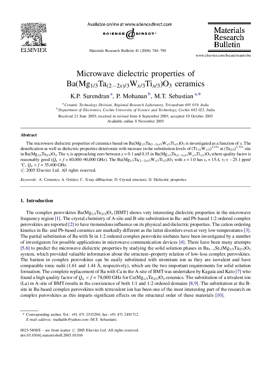 Microwave dielectric properties of Ba(Mg1/3Ta(2−2x)/3Wx/3Tix/3)O3 ceramics