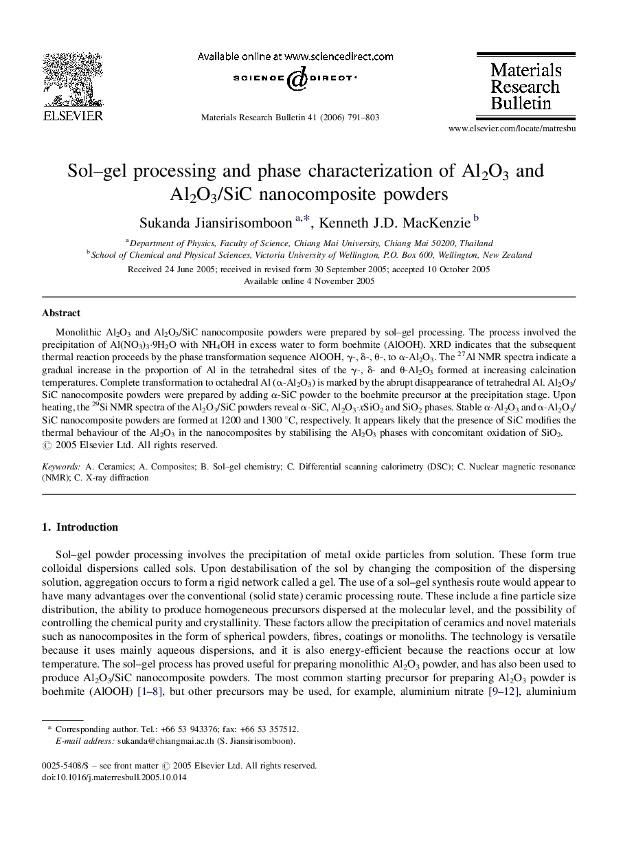 Sol–gel processing and phase characterization of Al2O3 and Al2O3/SiC nanocomposite powders