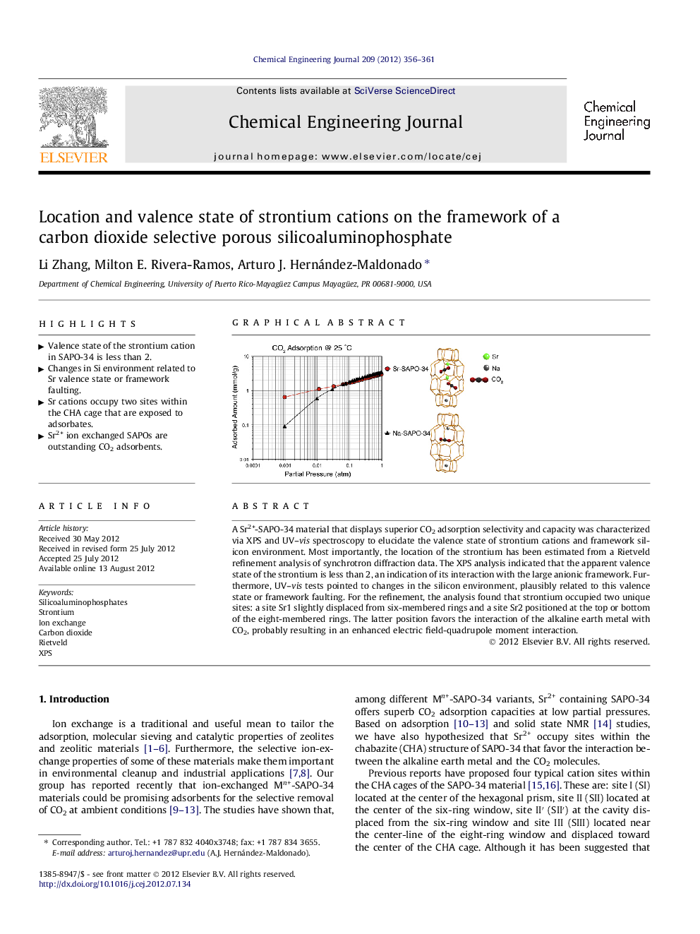 Location and valence state of strontium cations on the framework of a carbon dioxide selective porous silicoaluminophosphate