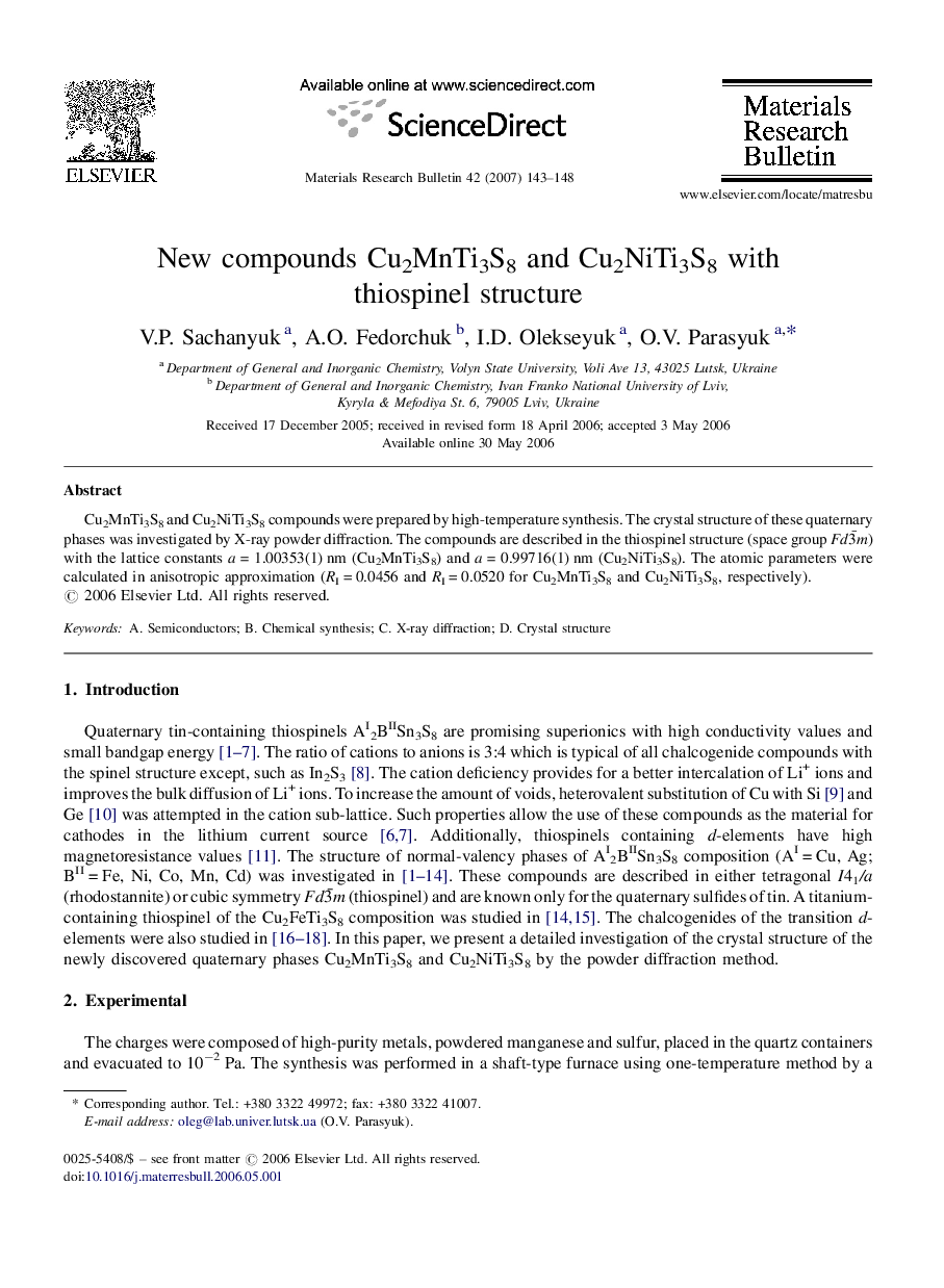 New compounds Cu2MnTi3S8 and Cu2NiTi3S8 with thiospinel structure