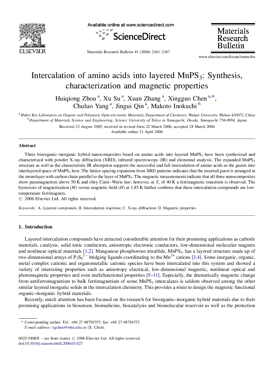 Intercalation of amino acids into layered MnPS3: Synthesis, characterization and magnetic properties