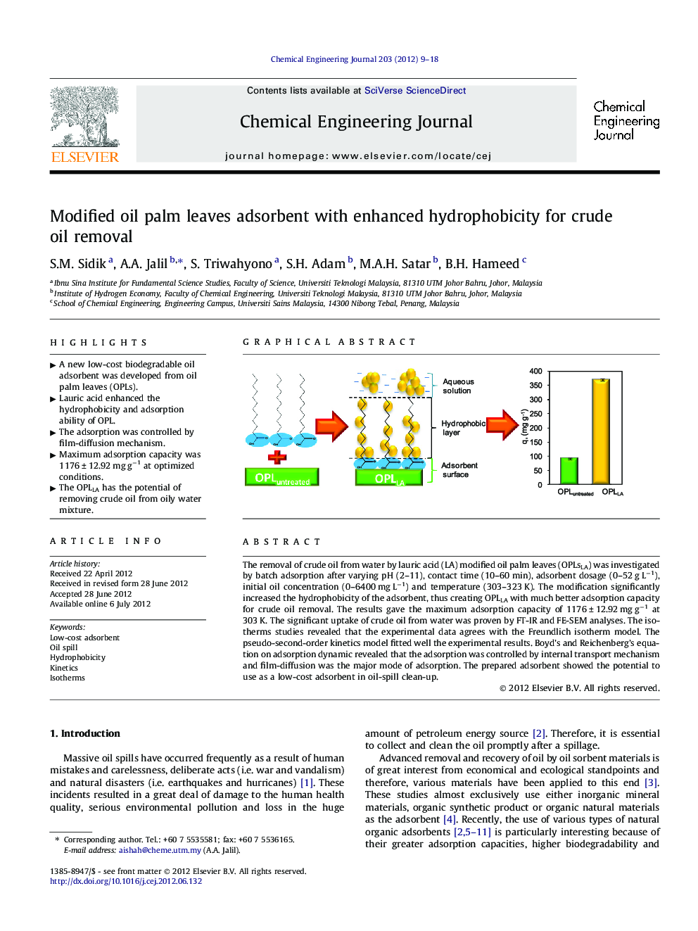 Modified oil palm leaves adsorbent with enhanced hydrophobicity for crude oil removal