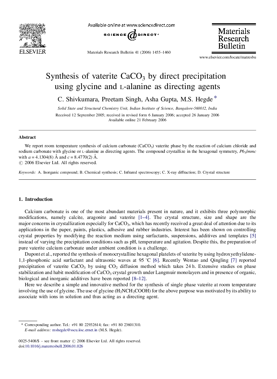 Synthesis of vaterite CaCO3 by direct precipitation using glycine and l-alanine as directing agents