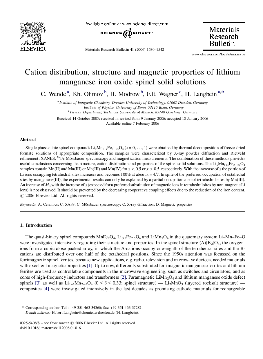 Cation distribution, structure and magnetic properties of lithium manganese iron oxide spinel solid solutions