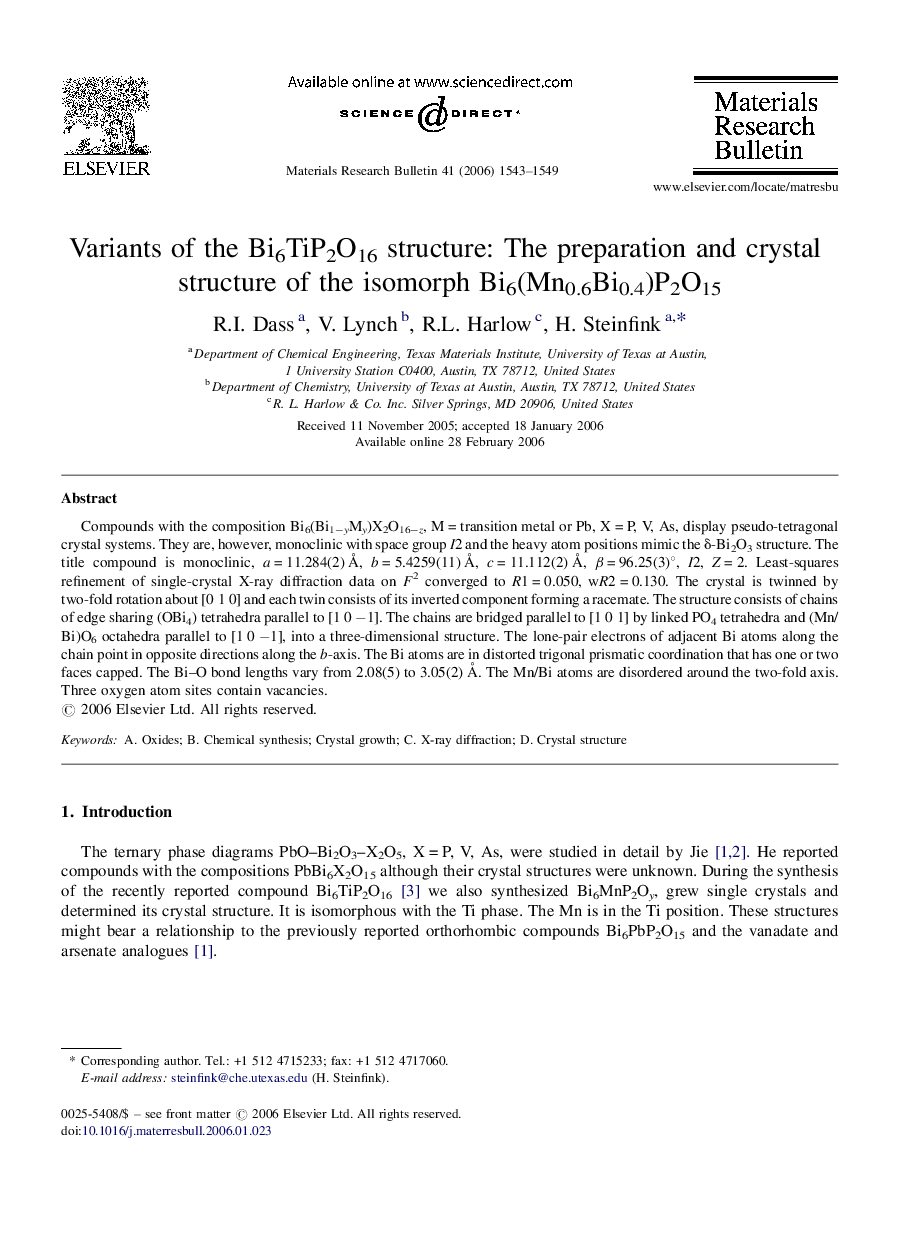 Variants of the Bi6TiP2O16 structure: The preparation and crystal structure of the isomorph Bi6(Mn0.6Bi0.4)P2O15