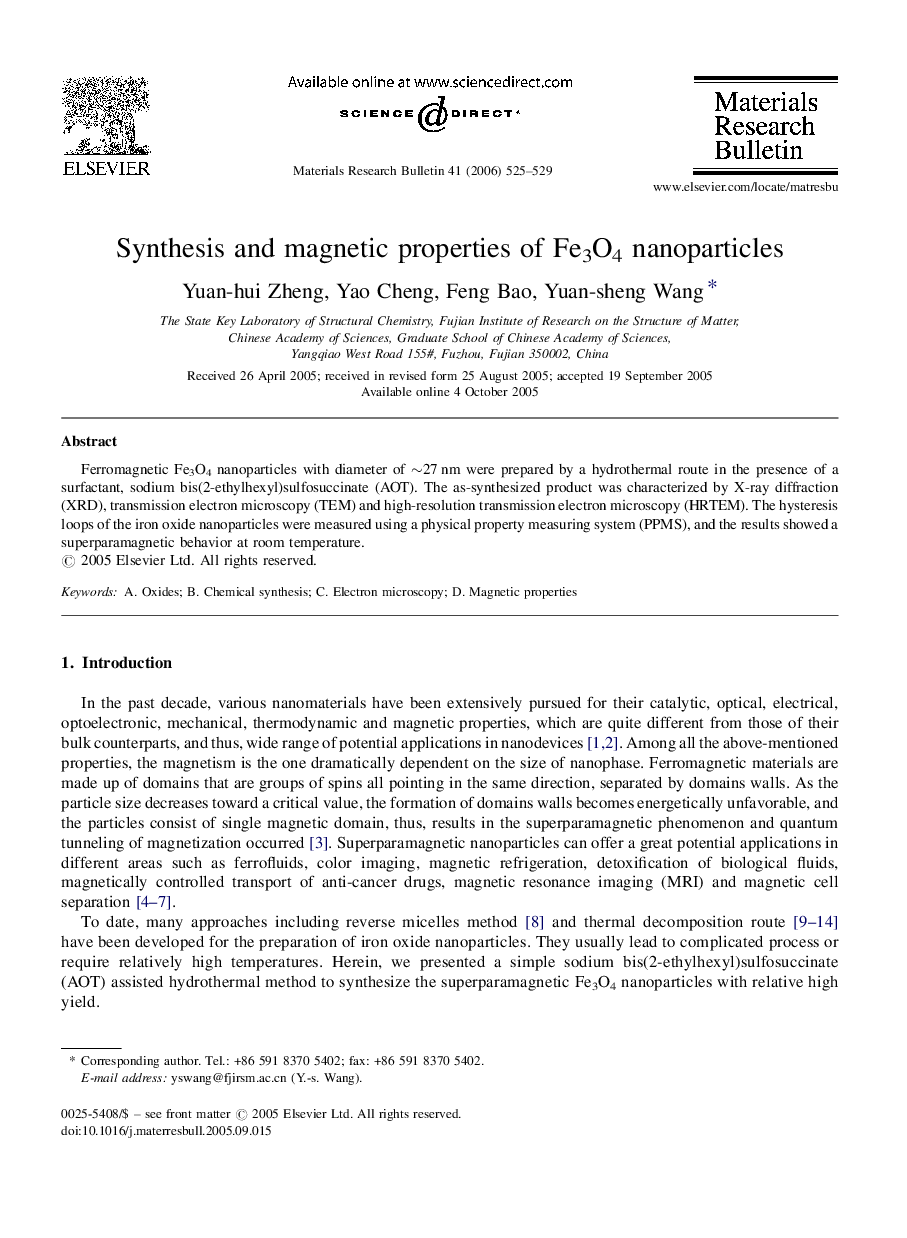 Synthesis and magnetic properties of Fe3O4 nanoparticles