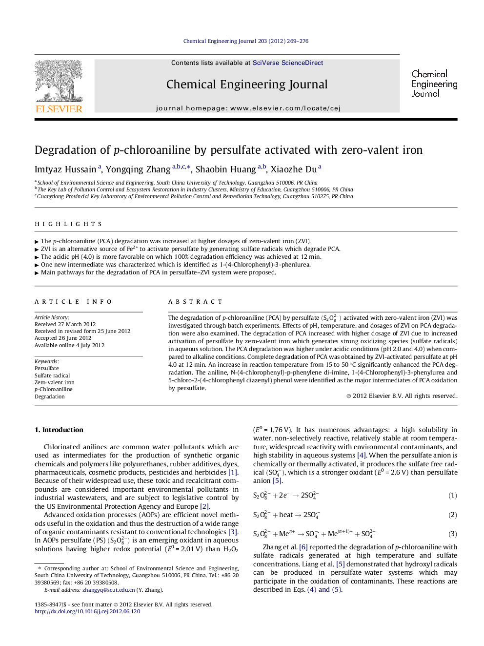 Degradation of p-chloroaniline by persulfate activated with zero-valent iron