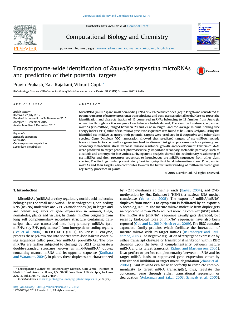 Transcriptome-wide identification of Rauvolfia serpentina microRNAs and prediction of their potential targets