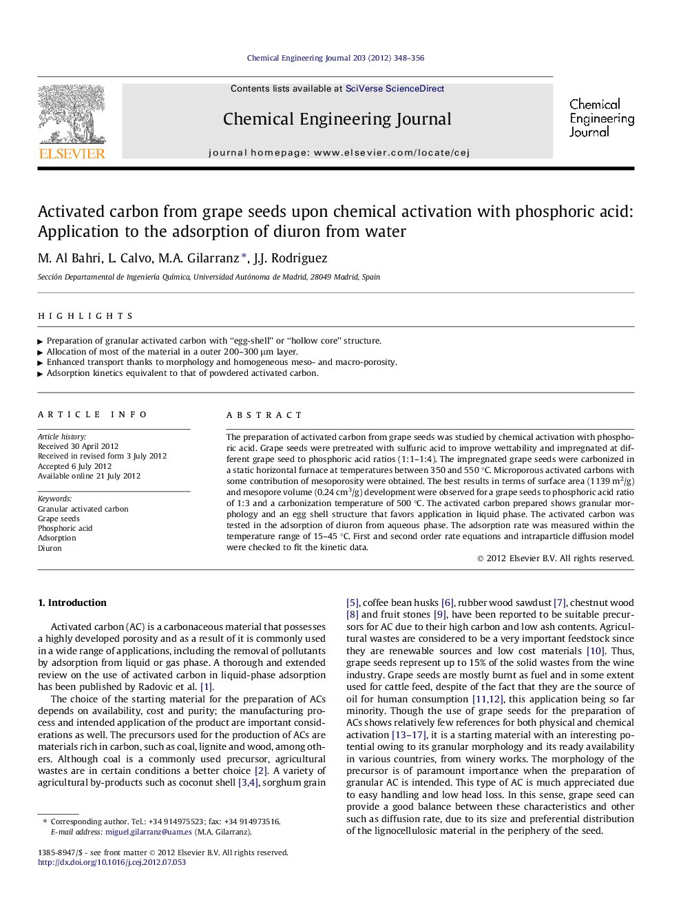 Activated carbon from grape seeds upon chemical activation with phosphoric acid: Application to the adsorption of diuron from water