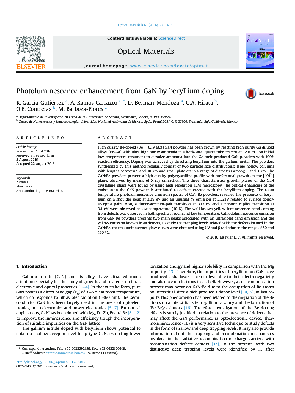 Photoluminescence enhancement from GaN by beryllium doping