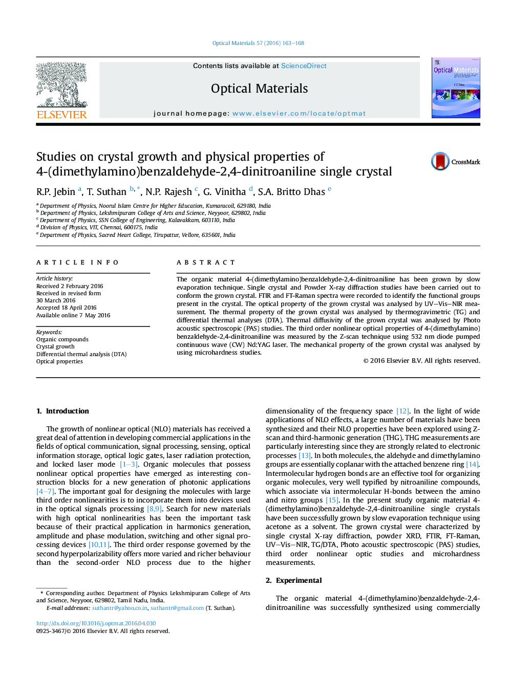 مطالعات بر روی رشد کریستال و خواص فیزیکی کریستال 4- (دی متیل آمینو) بنزالدهید-2،4-دینیتروانیلین 