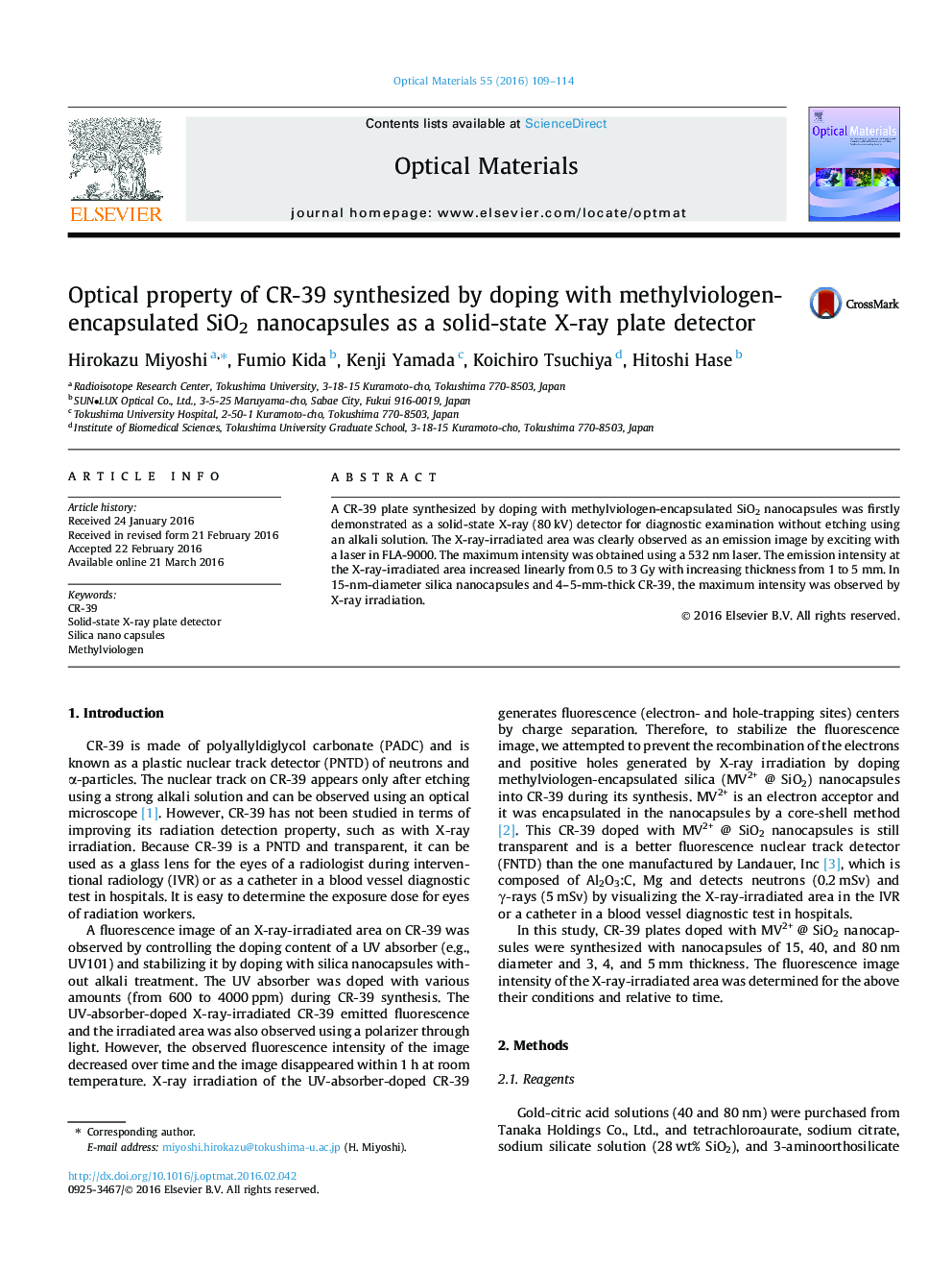 Optical property of CR-39 synthesized by doping with methylviologen-encapsulated SiO2 nanocapsules as a solid-state X-ray plate detector