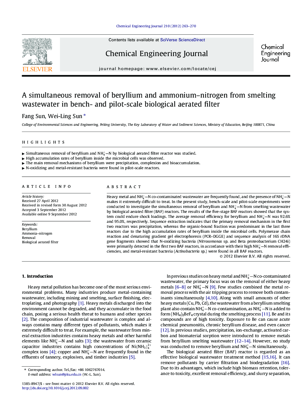 A simultaneous removal of beryllium and ammonium–nitrogen from smelting wastewater in bench- and pilot-scale biological aerated filter