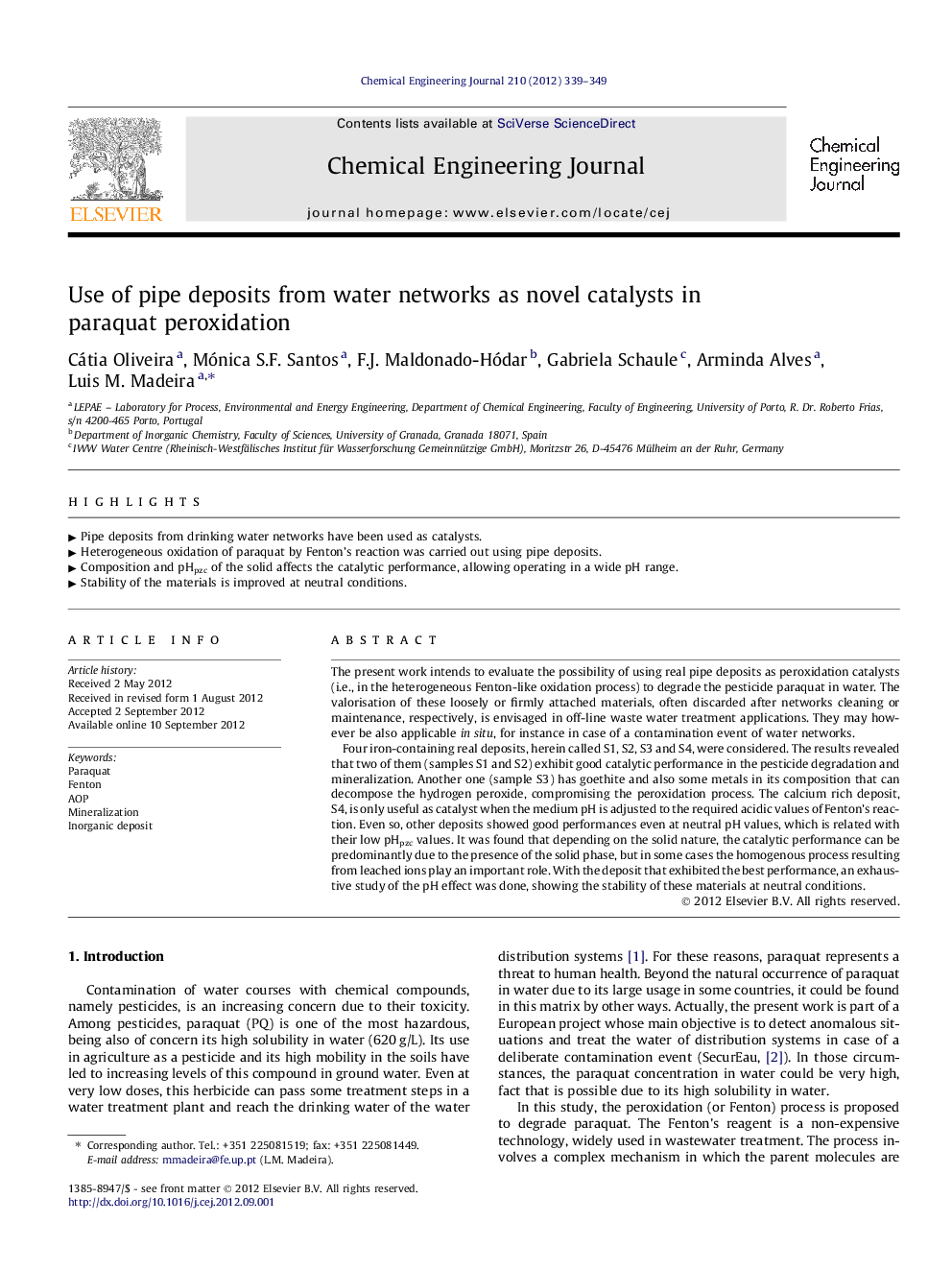 عکس صفحه اول مقاله: Use of pipe deposits from water networks as novel catalysts in paraquat peroxidation Use of pipe deposits from water networks as novel catalysts in paraquat peroxidation
