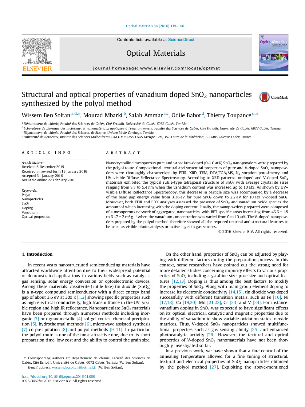 Structural and optical properties of vanadium doped SnO2 nanoparticles synthesized by the polyol method