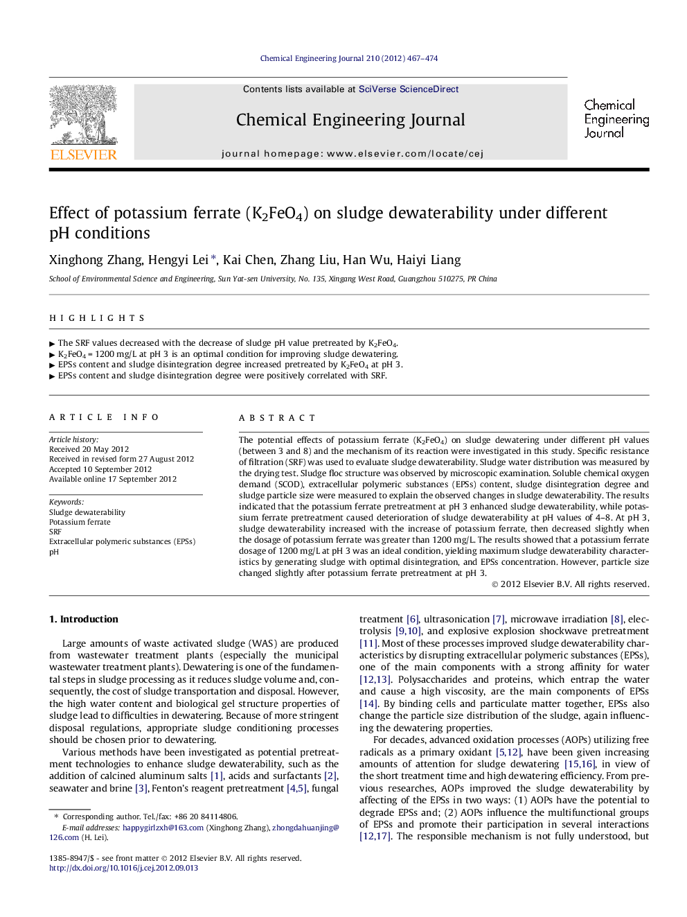 Effect of potassium ferrate (K2FeO4) on sludge dewaterability under different pH conditions