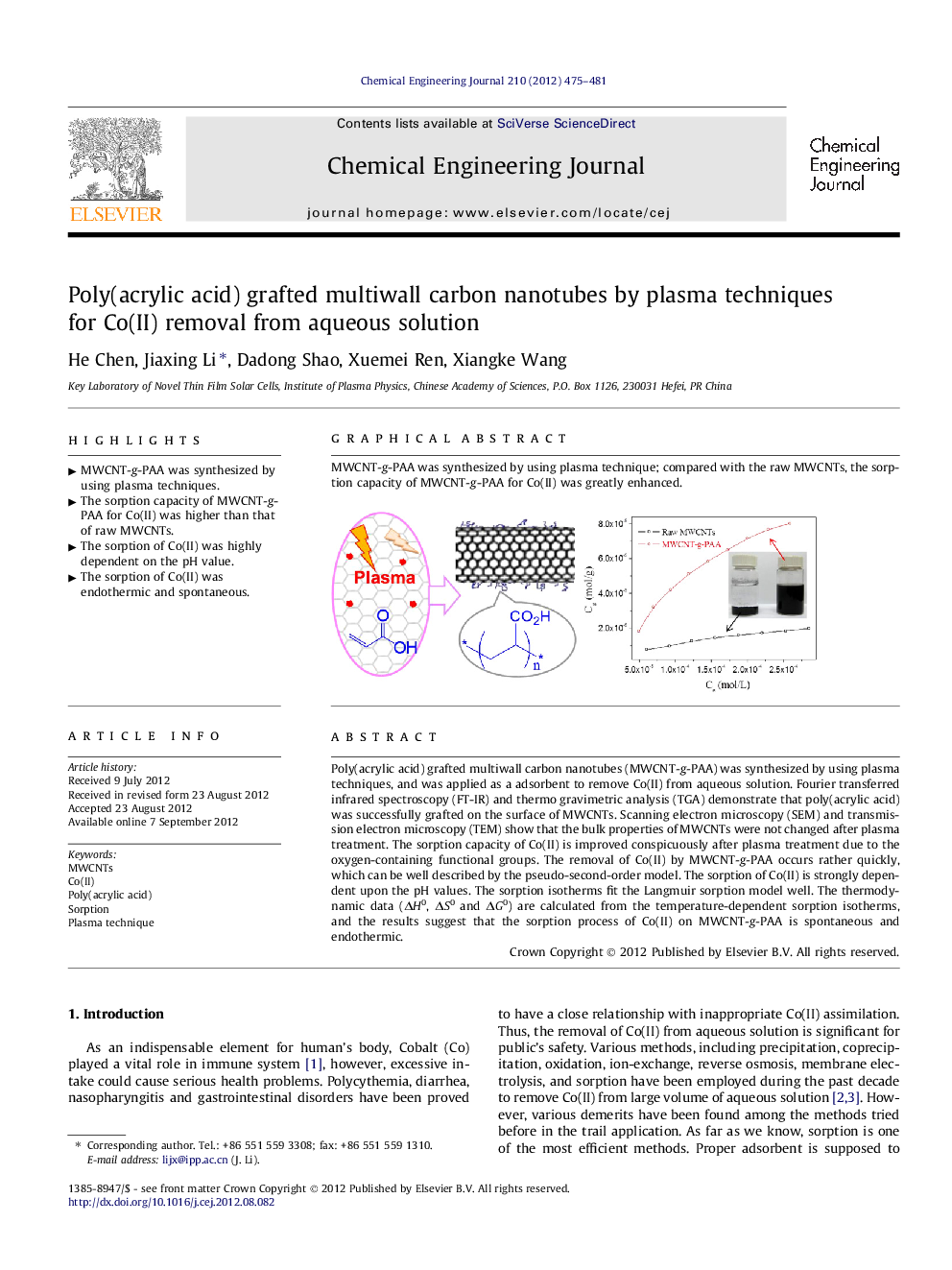 Poly(acrylic acid) grafted multiwall carbon nanotubes by plasma techniques for Co(II) removal from aqueous solution