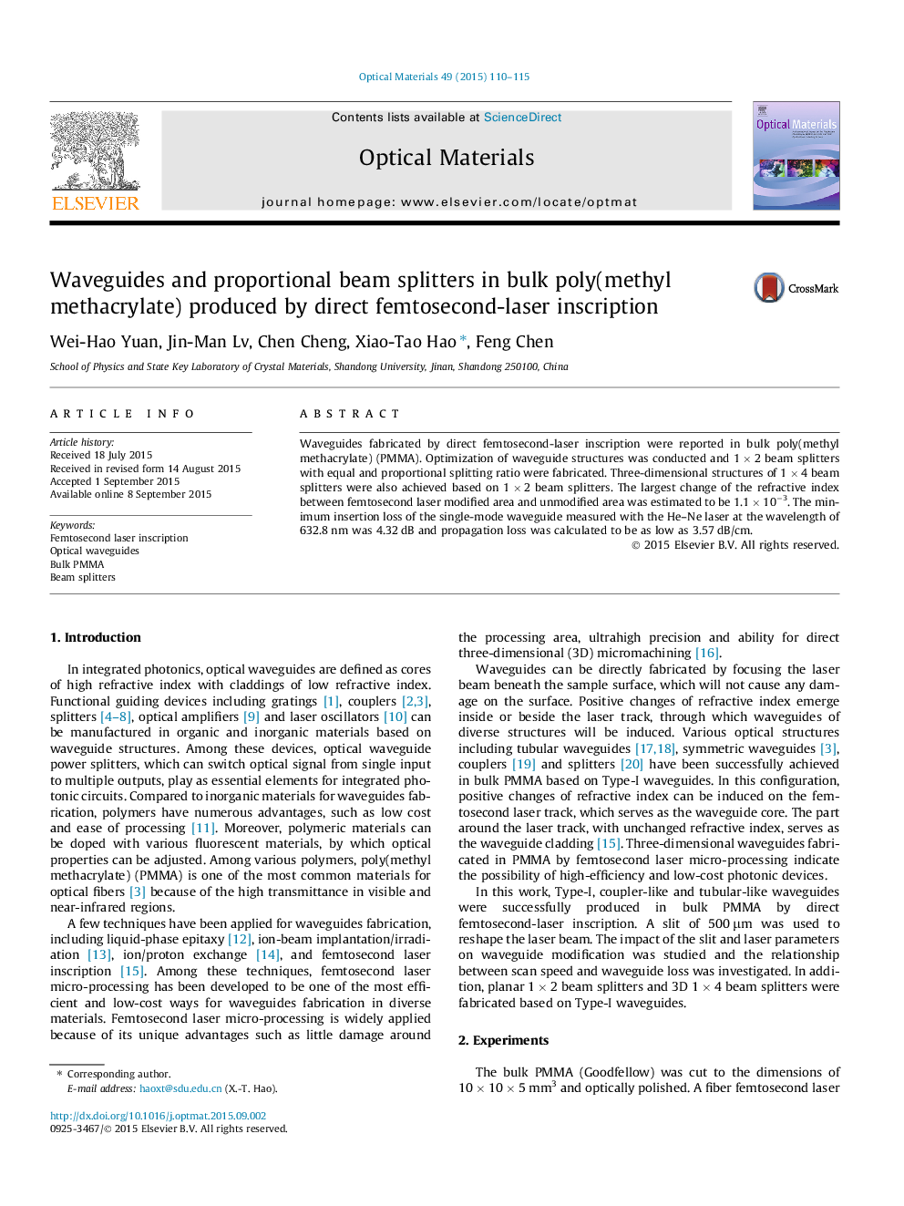 موجبرها و توزیع کننده پرتوهای متناسب در پلی مایع (متیل متاکریلات) تولید شده توسط کتیبه فموتوسئیکندر لیزری 
