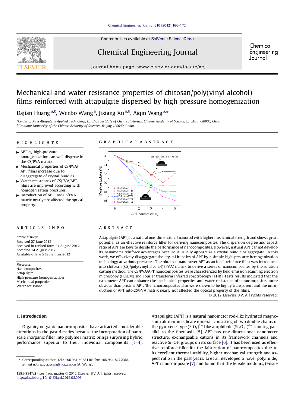 Mechanical and water resistance properties of chitosan/poly(vinyl alcohol) films reinforced with attapulgite dispersed by high-pressure homogenization