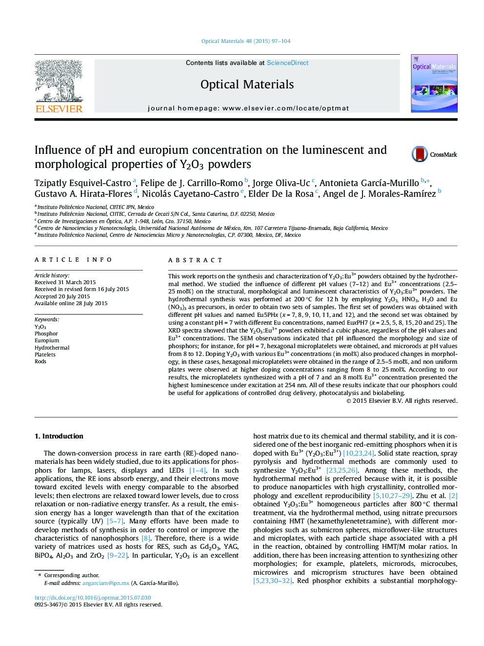 عکس صفحه اول مقاله: Influence of pH and europium concentration on the luminescent and morphological properties of Y2O3 powders Influence of pH and europium concentration on the luminescent and morphological properties of Y2O3 powders