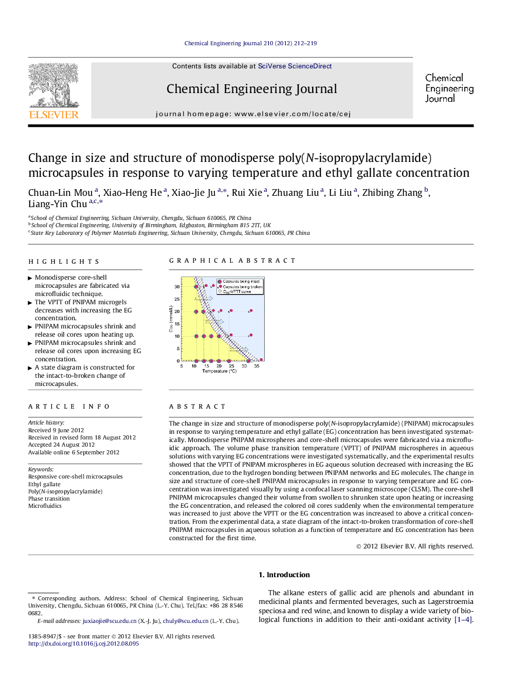 Change in size and structure of monodisperse poly(N-isopropylacrylamide) microcapsules in response to varying temperature and ethyl gallate concentration