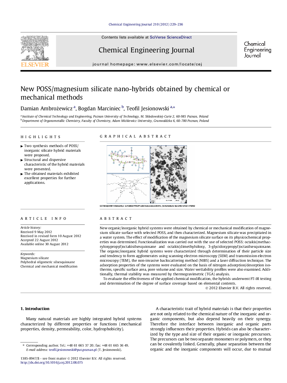 عکس صفحه اول مقاله: New POSS/magnesium silicate nano-hybrids obtained by chemical or mechanical methods New POSS/magnesium silicate nano-hybrids obtained by chemical or mechanical methods