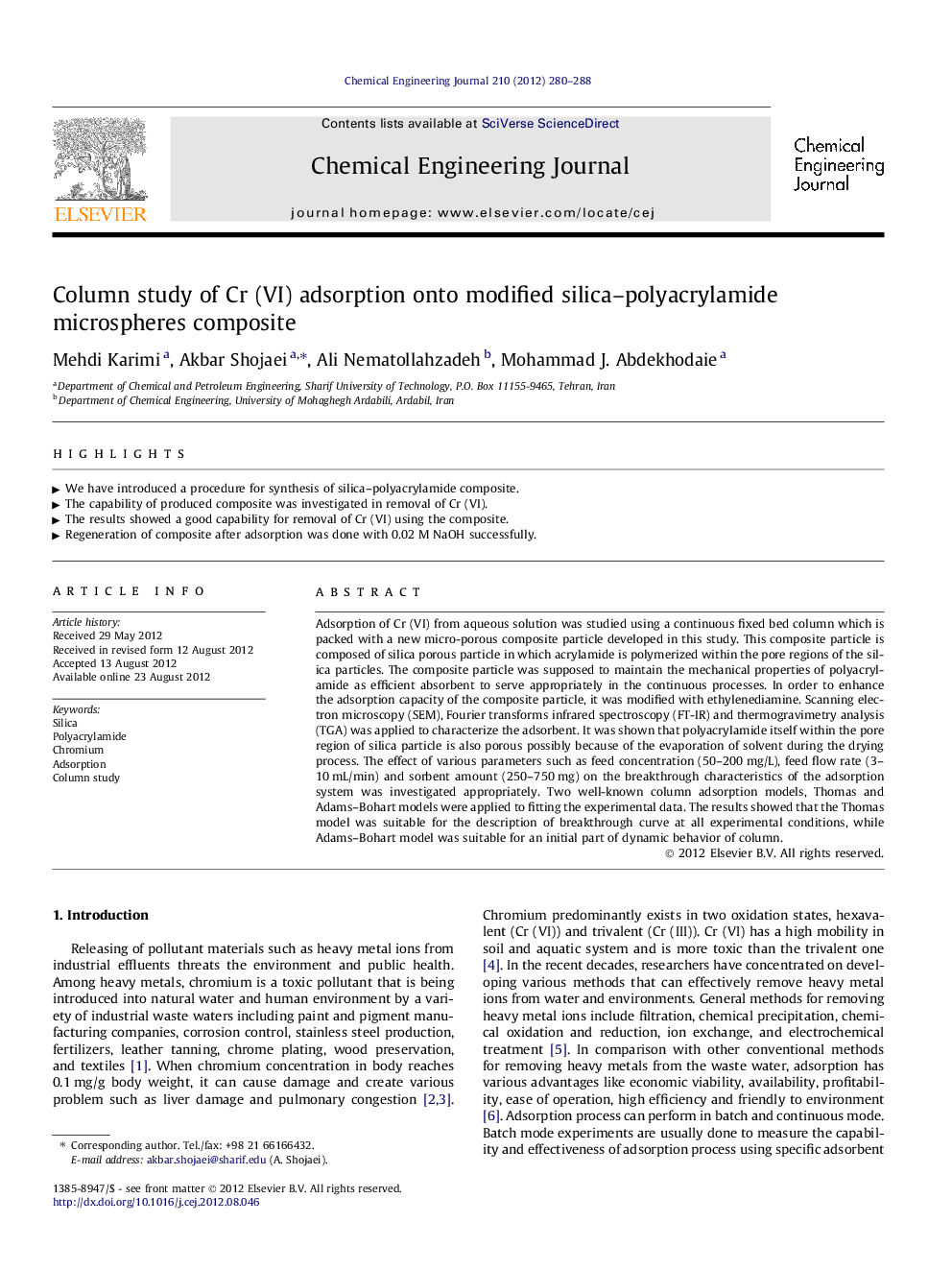 Column study of Cr (VI) adsorption onto modified silica–polyacrylamide microspheres composite