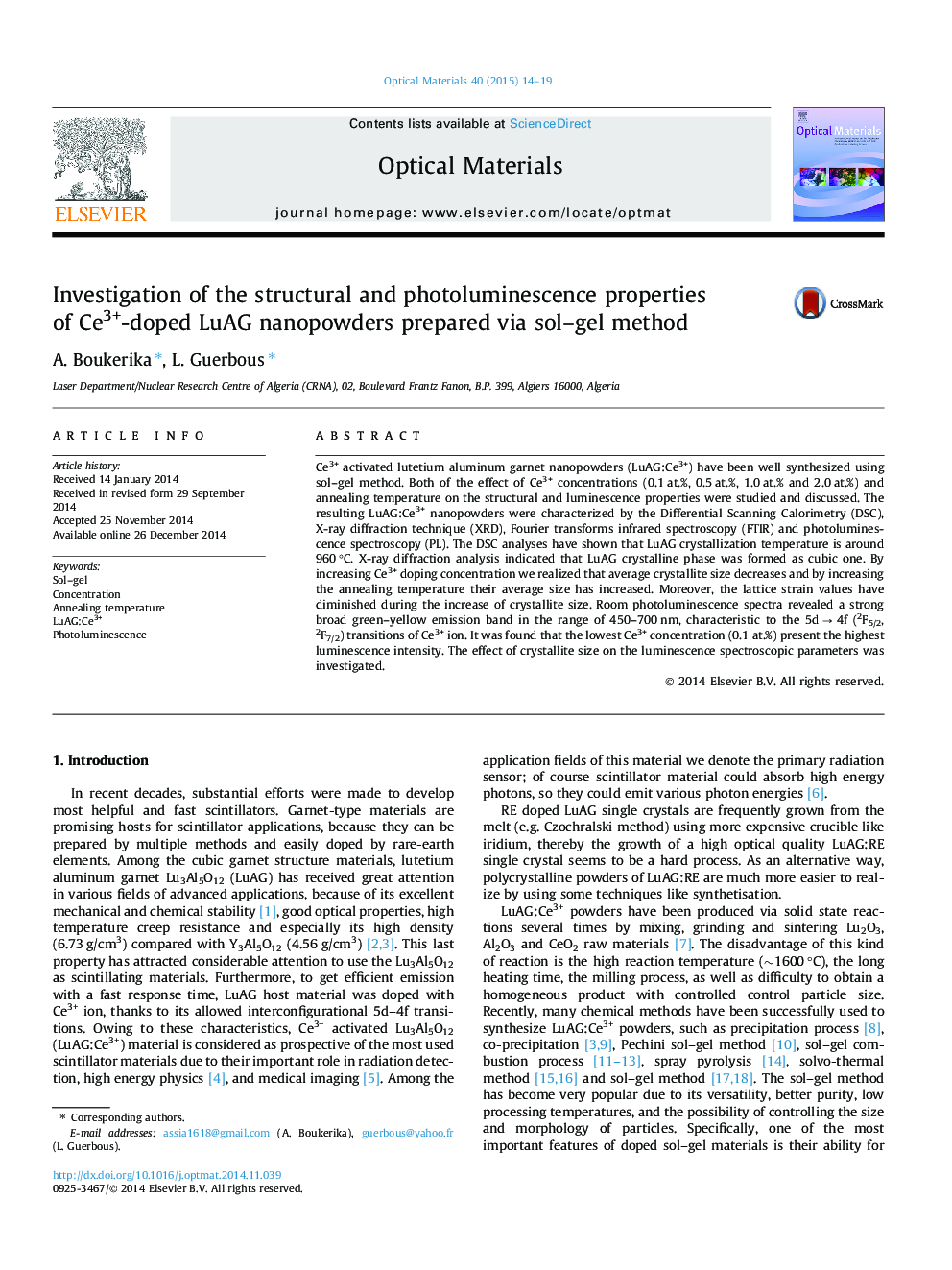 Investigation of the structural and photoluminescence properties of Ce3+-doped LuAG nanopowders prepared via sol–gel method