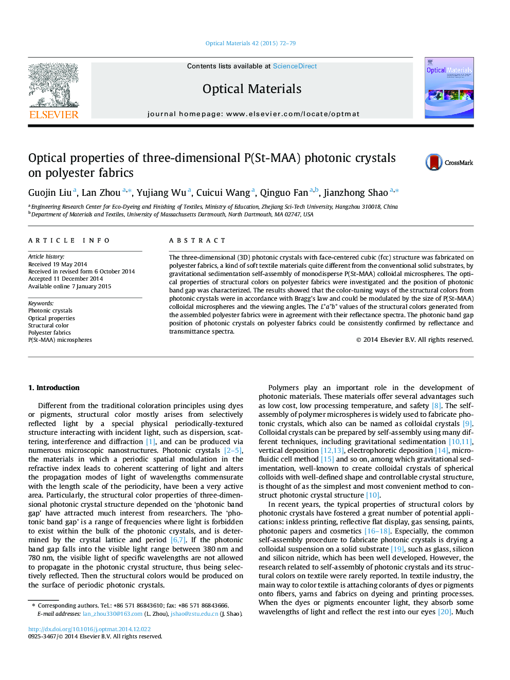 Optical properties of three-dimensional P(St-MAA) photonic crystals on polyester fabrics