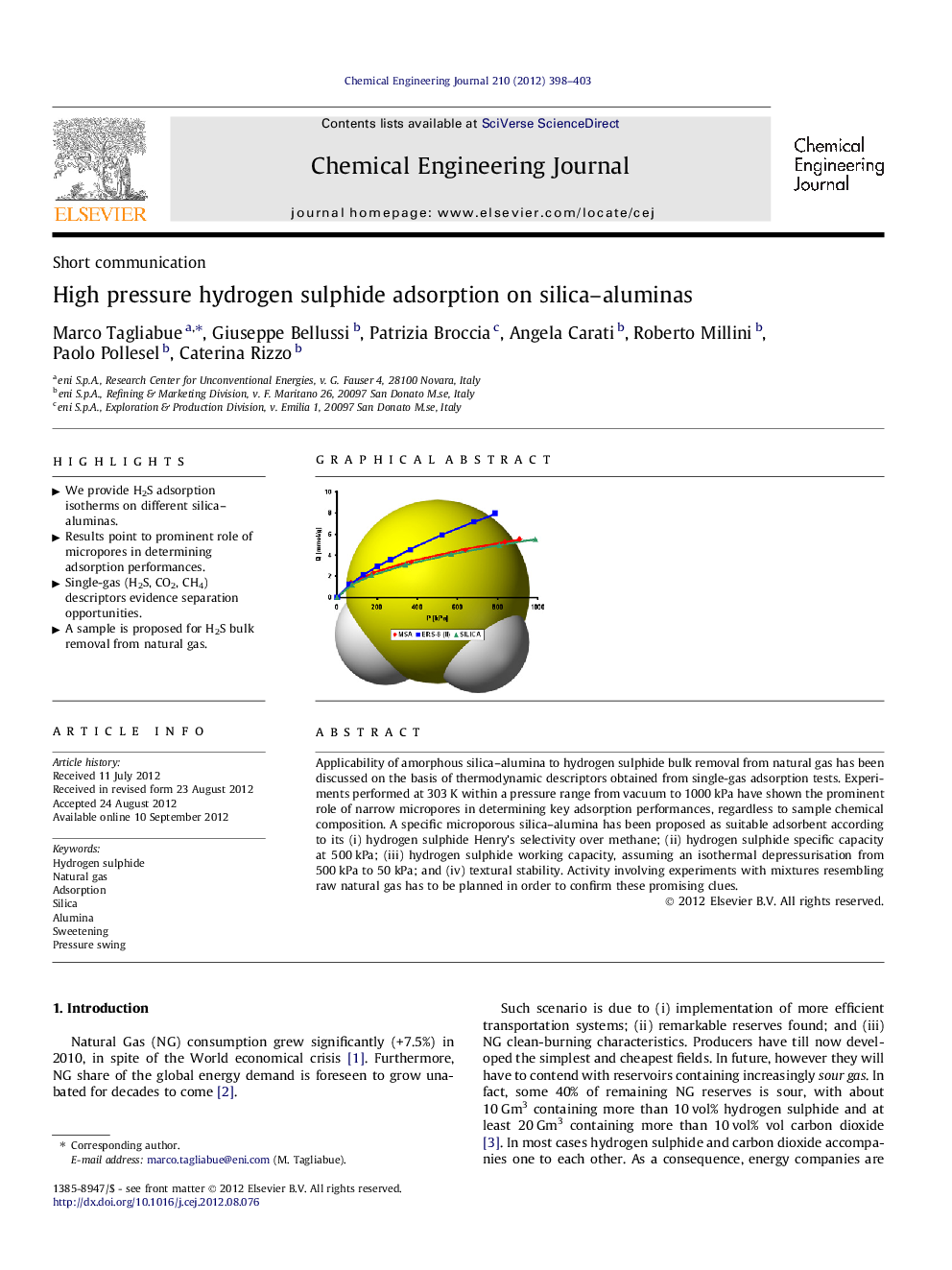 High pressure hydrogen sulphide adsorption on silica–aluminas