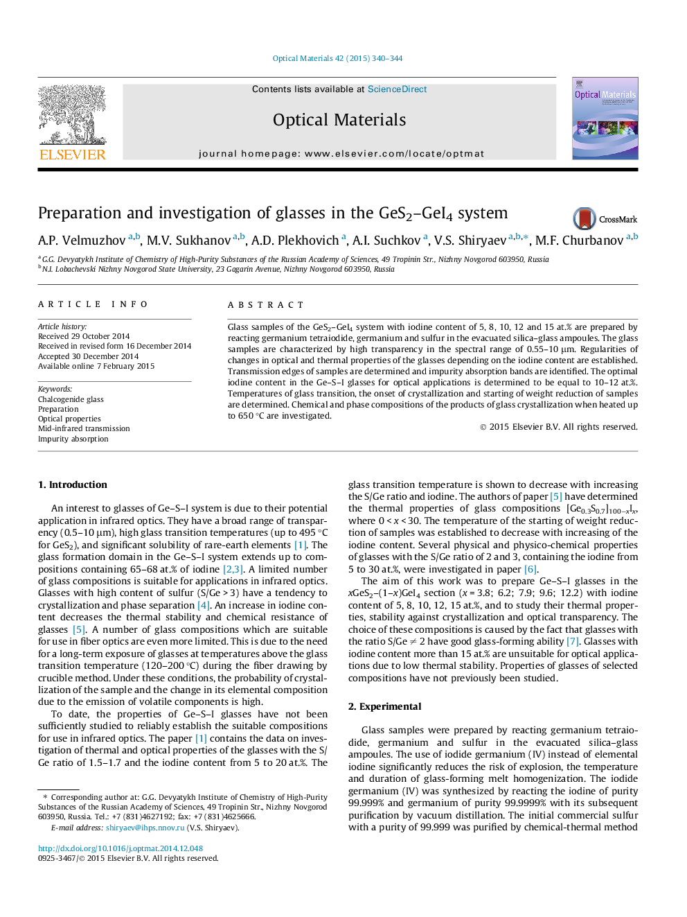 Preparation and investigation of glasses in the GeS2–GeI4 system