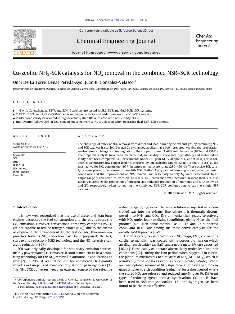 Cu-zeolite NH3-SCR catalysts for NOx removal in the combined NSR–SCR technology