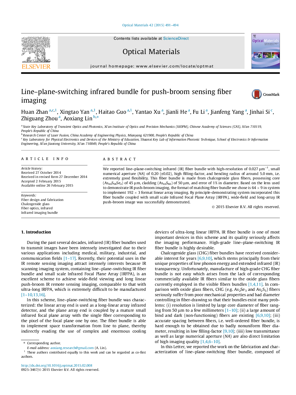 Line–plane-switching infrared bundle for push-broom sensing fiber imaging