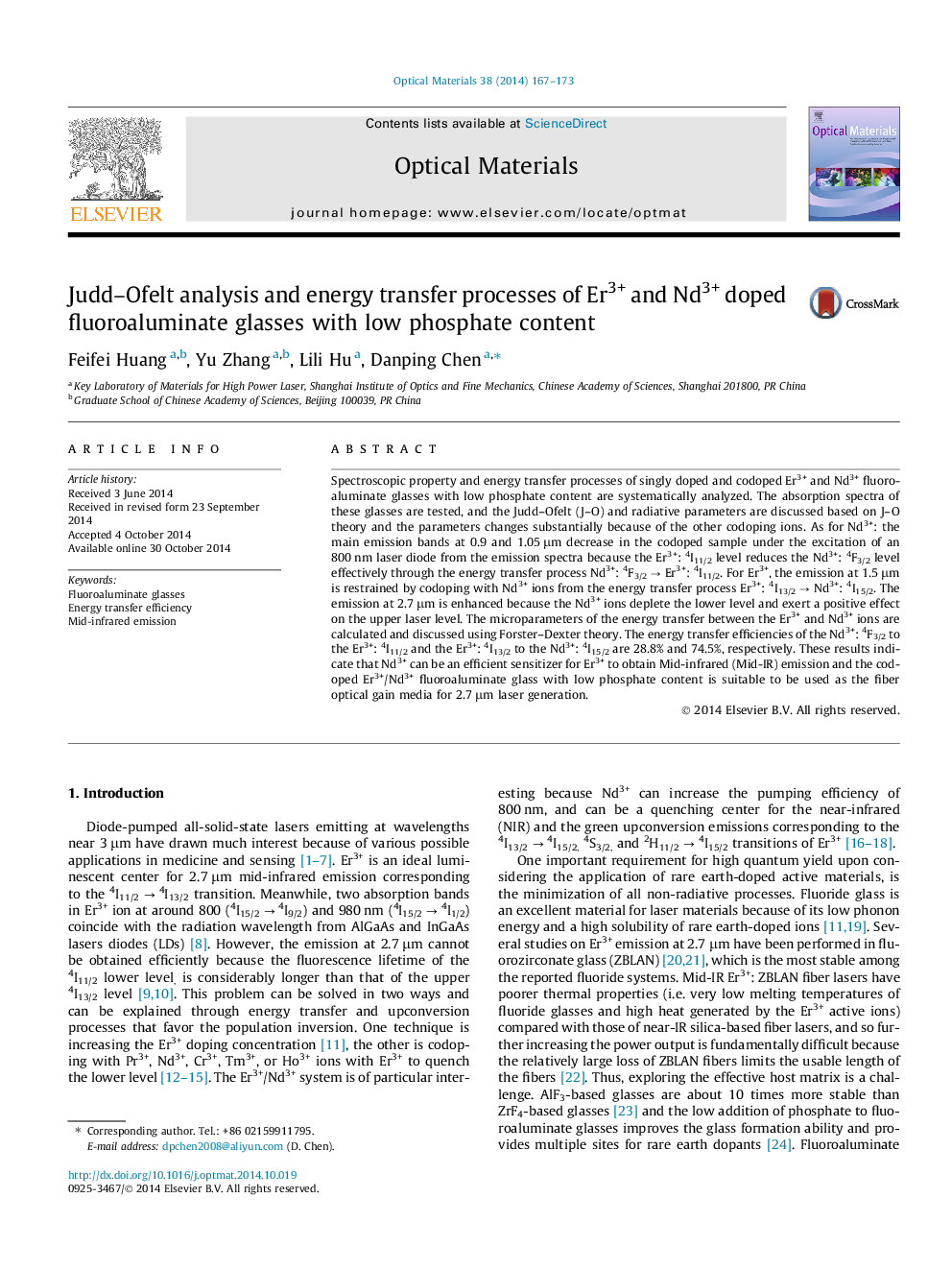 Judd–Ofelt analysis and energy transfer processes of Er3+ and Nd3+ doped fluoroaluminate glasses with low phosphate content