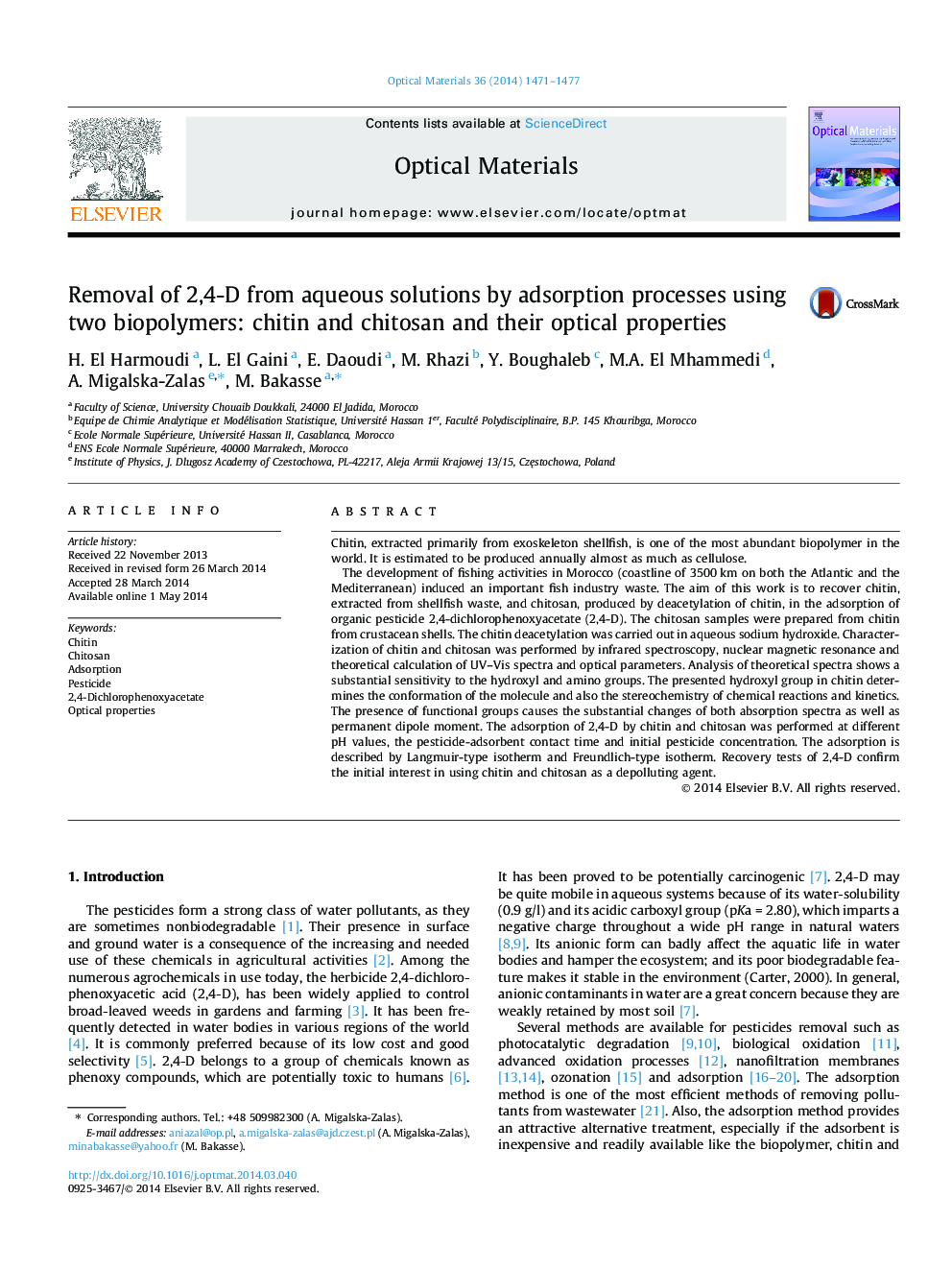 Removal of 2,4-D from aqueous solutions by adsorption processes using two biopolymers: chitin and chitosan and their optical properties