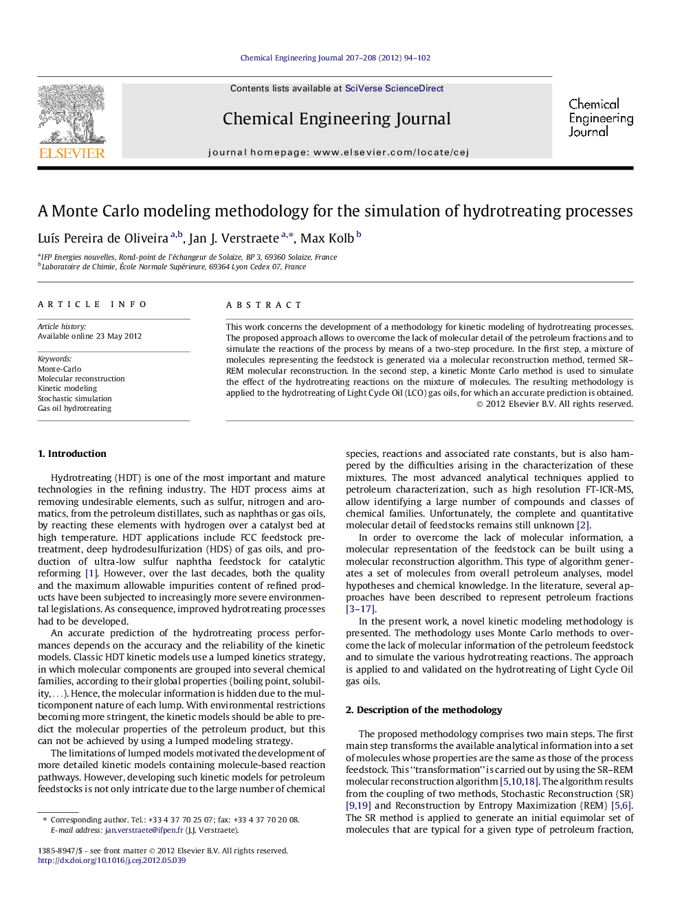 A Monte Carlo modeling methodology for the simulation of hydrotreating processes