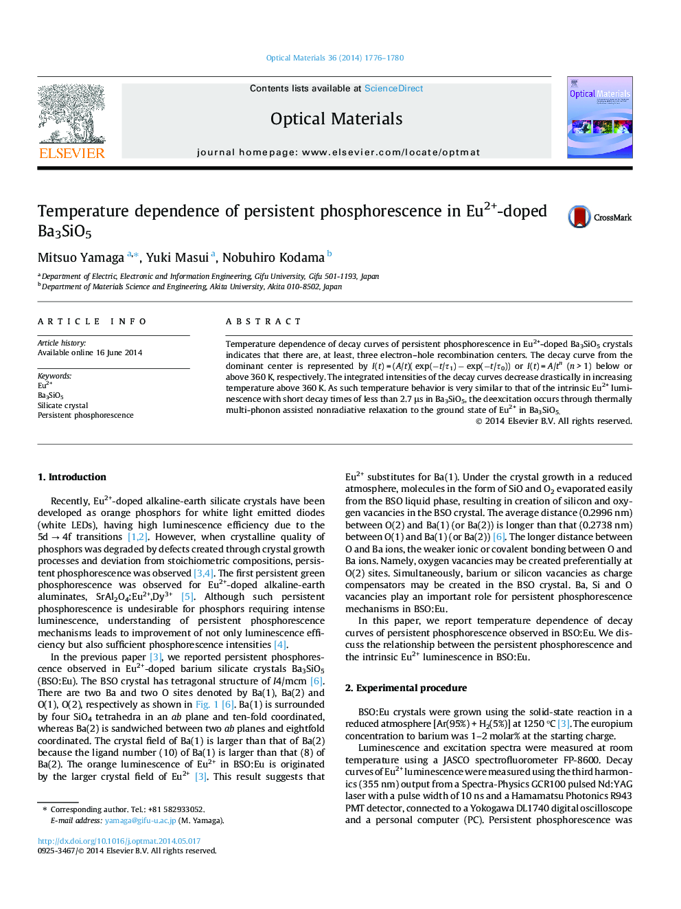 Temperature dependence of persistent phosphorescence in Eu2+-doped Ba3SiO5